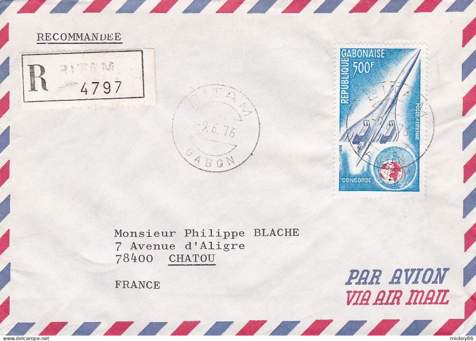 GABON-1976--Lettre Recommandée De BITAM  Pour CHATOU -78 (France)--timbre ( Avion Concorde )   Seul Sur Lettre - Gabón (1960-...)