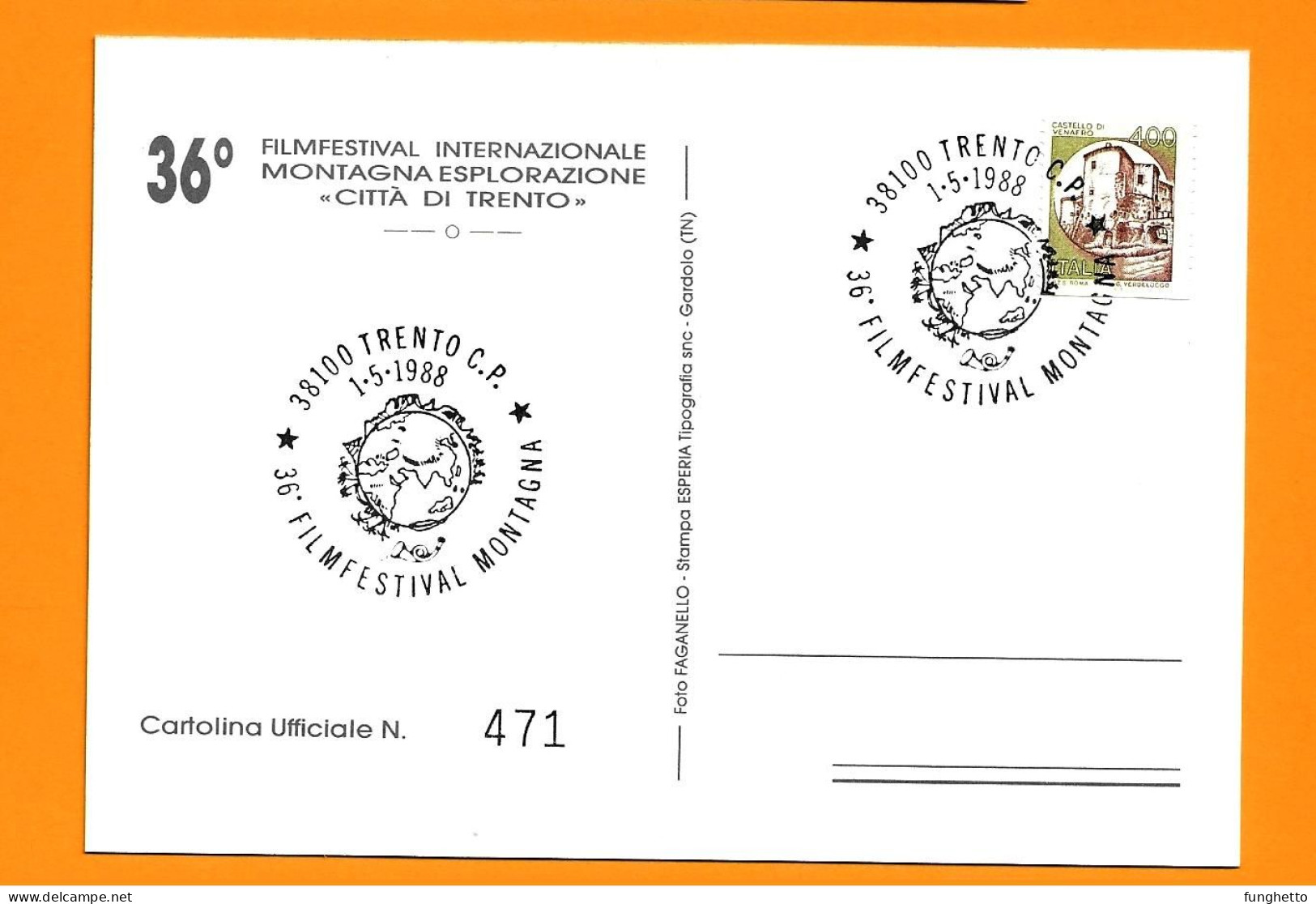 Cartolina Ufficiale TRENTO 36°FILM FESTIVAL MONTAGNA Con Annullo Speciale Trento 01/5/1988 - Escalada