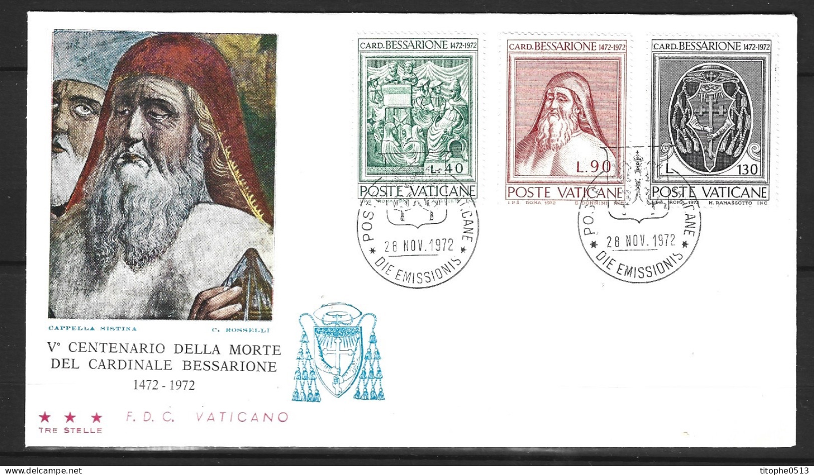 VATICAN. N°549-51 Sur Enveloppe 1er Jour De 1972. Cardinal Bessarione. - Cristianismo