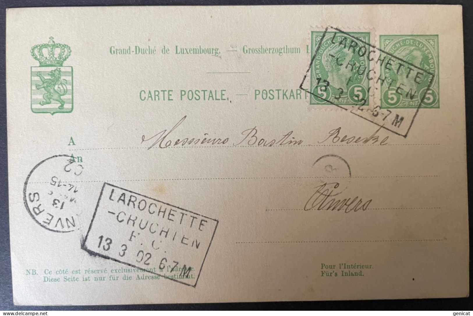 Luxembourg 1902 Entier Postal Oblitération Ambulant Convoyeur Larochette Cruchten FC - Entiers Postaux