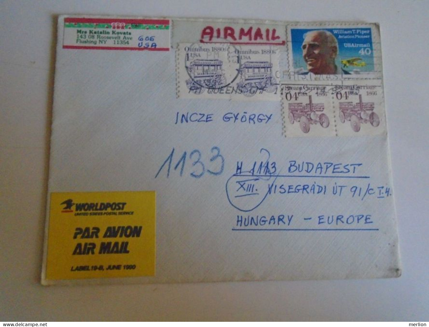 ZA488.38    Airmail   Cover - USA Flushing NY  11354 - 1990  To Hungary - Lettres & Documents