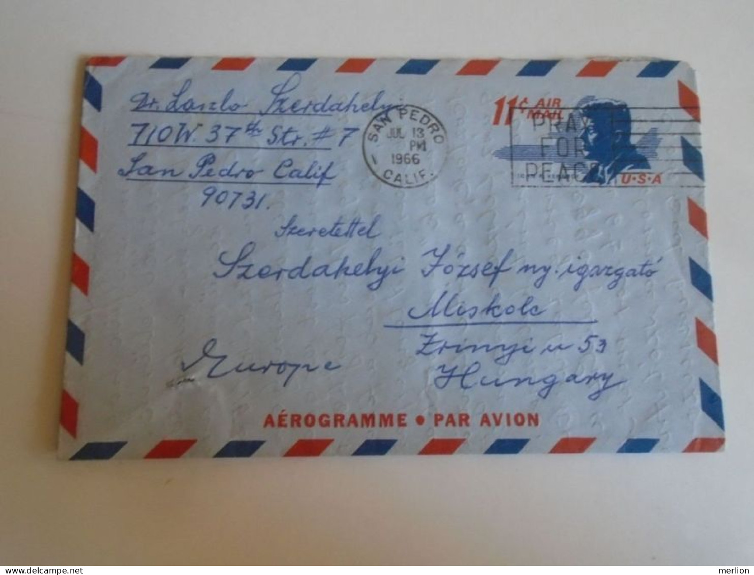 ZA488.39    Aérogramme  JFK  - USA  1966 San Pedro California  -    To Miskolc  Hungary Szerdahelyi - Cartas & Documentos