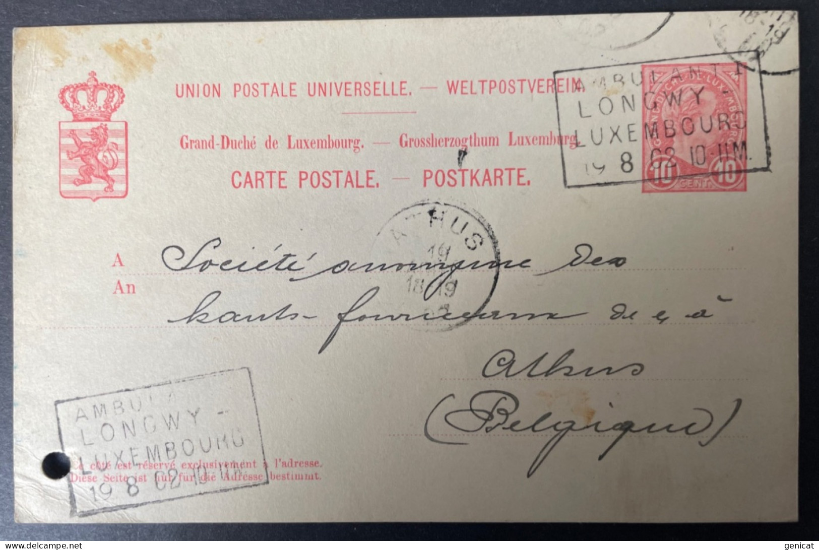 Luxembourg 1902 Entier Postal Oblitération Ambulant Longwy Luxembourg Pour La Belgique - Postwaardestukken