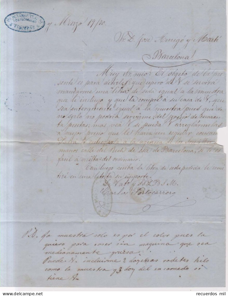 Año 1870 Edifil 107 Alegoria Carta  Matasellos Figueras Gerona Membrete Fabrica De Varios Tejidos - Briefe U. Dokumente