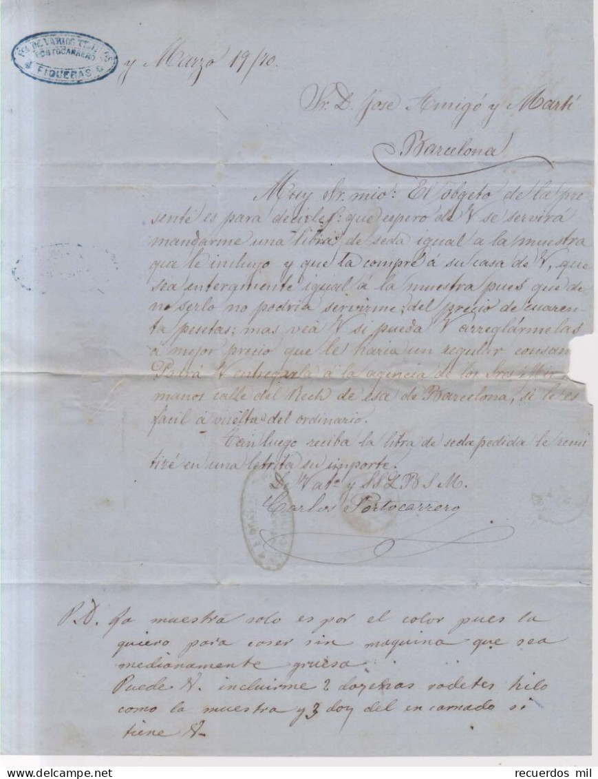 Año 1870 Edifil 107 Alegoria Carta  Matasellos Figueras Gerona Membrete Fabrica De Varios Tejidos - Storia Postale