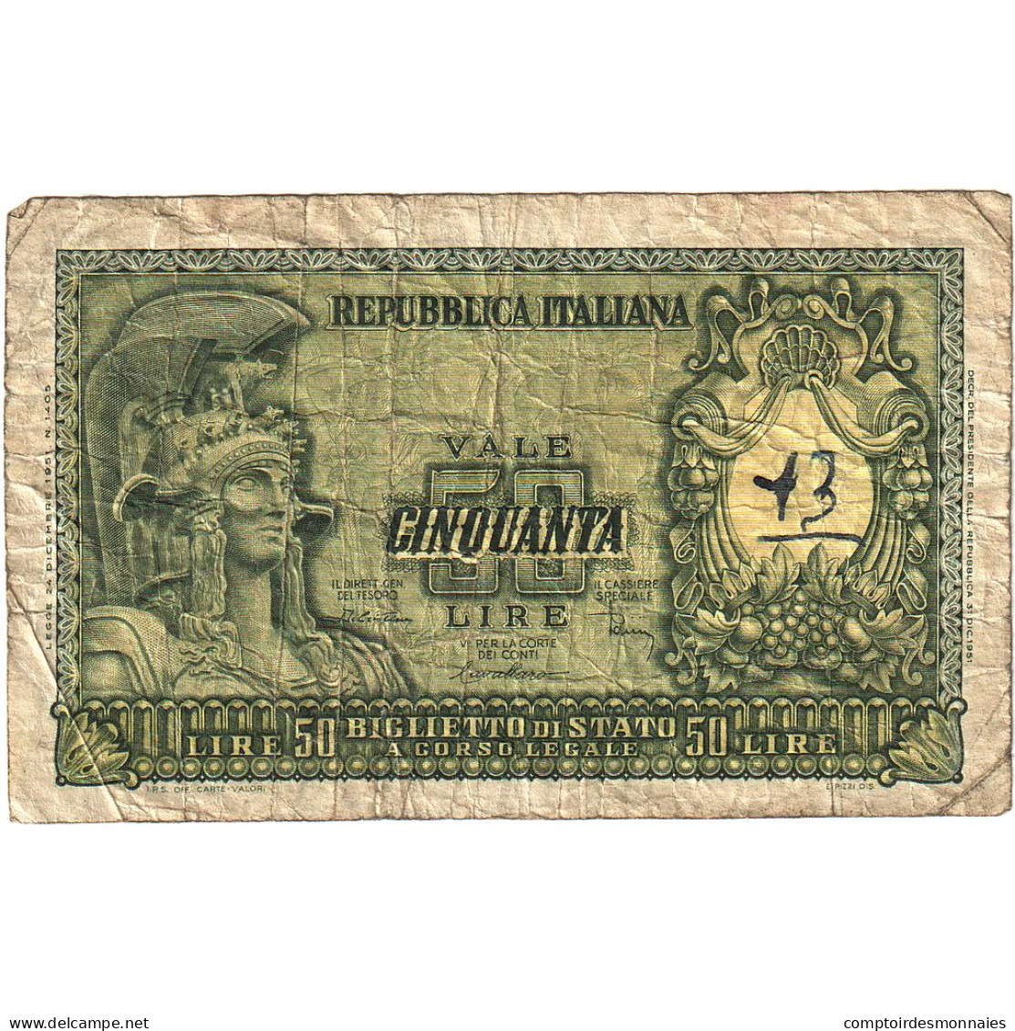 Italie, 50 Lire, 1951-12-31, KM:91b, B+ - 50 Lire
