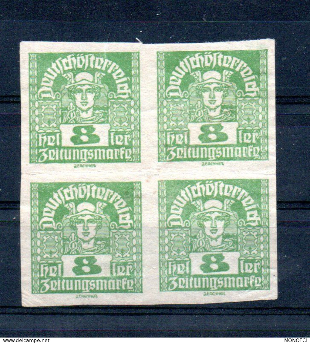 AUTRICHE -- Bloc De 4 Timbres Neufs Sans Gomme 8 H Vert-jaune Pour Journaux (1920-21) - Ungebraucht