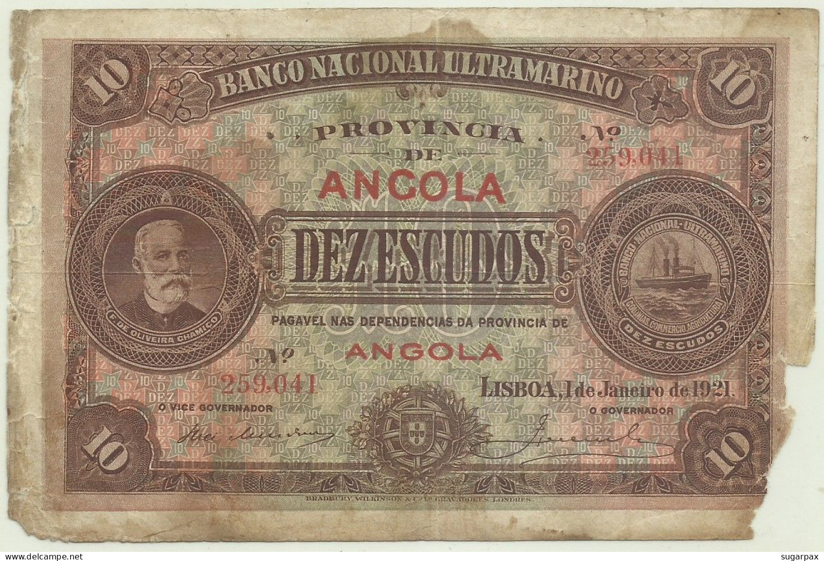 Angola - 10 Escudos - 1.1.1921 - Pick 58 - Chamiço - Steamship Seal Type III ( CCA ) - Angola