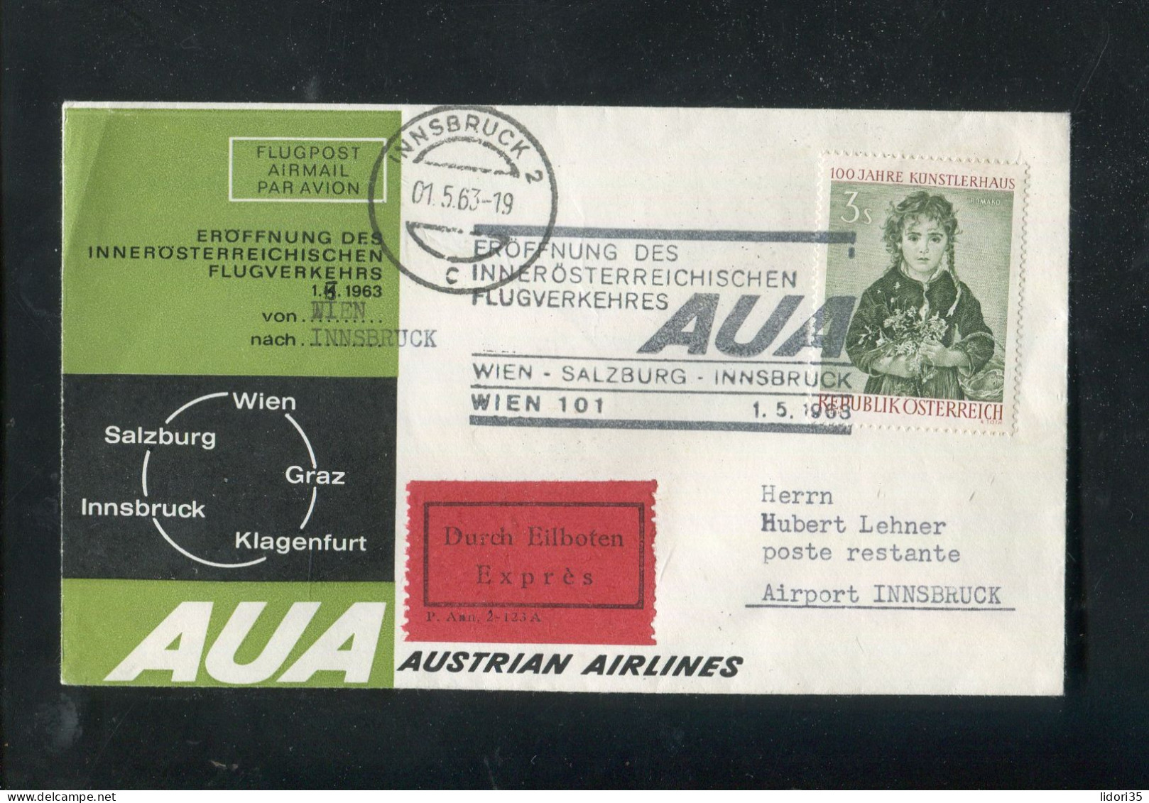 "OESTERREICH" 1963, AUA-Erstflugbrief "Wien-Innsbruck" (70134) - Erst- U. Sonderflugbriefe