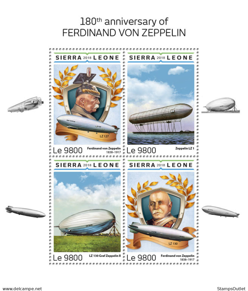  SIERRA LEONE 2018 MNH  Ferdinand Von Zeppelin  Michel Code: 10001-10004. Scott Code: 4871.Yvert&Tellier Code: 8078-8081 - Sierra Leone (1961-...)