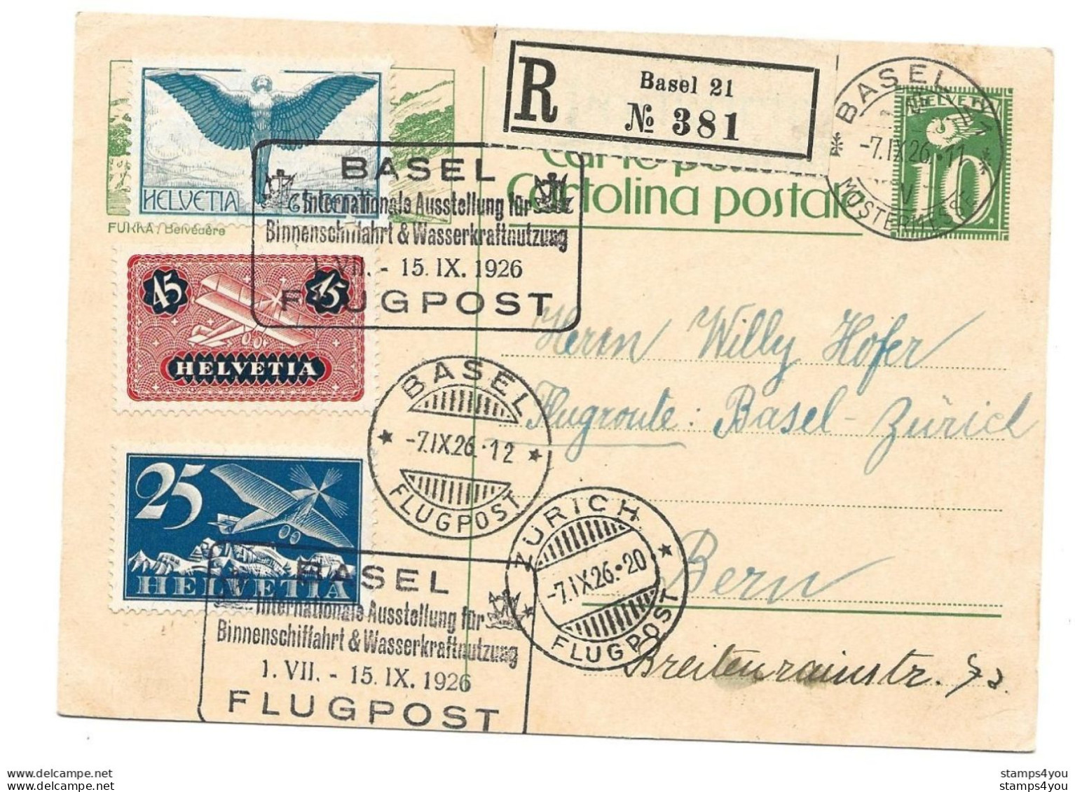 87 - 99 . Entier Postal Recommandé "Binnenschifffahrts-Ausstellung Basel 1926" Superbe Affranchissement - Autres & Non Classés