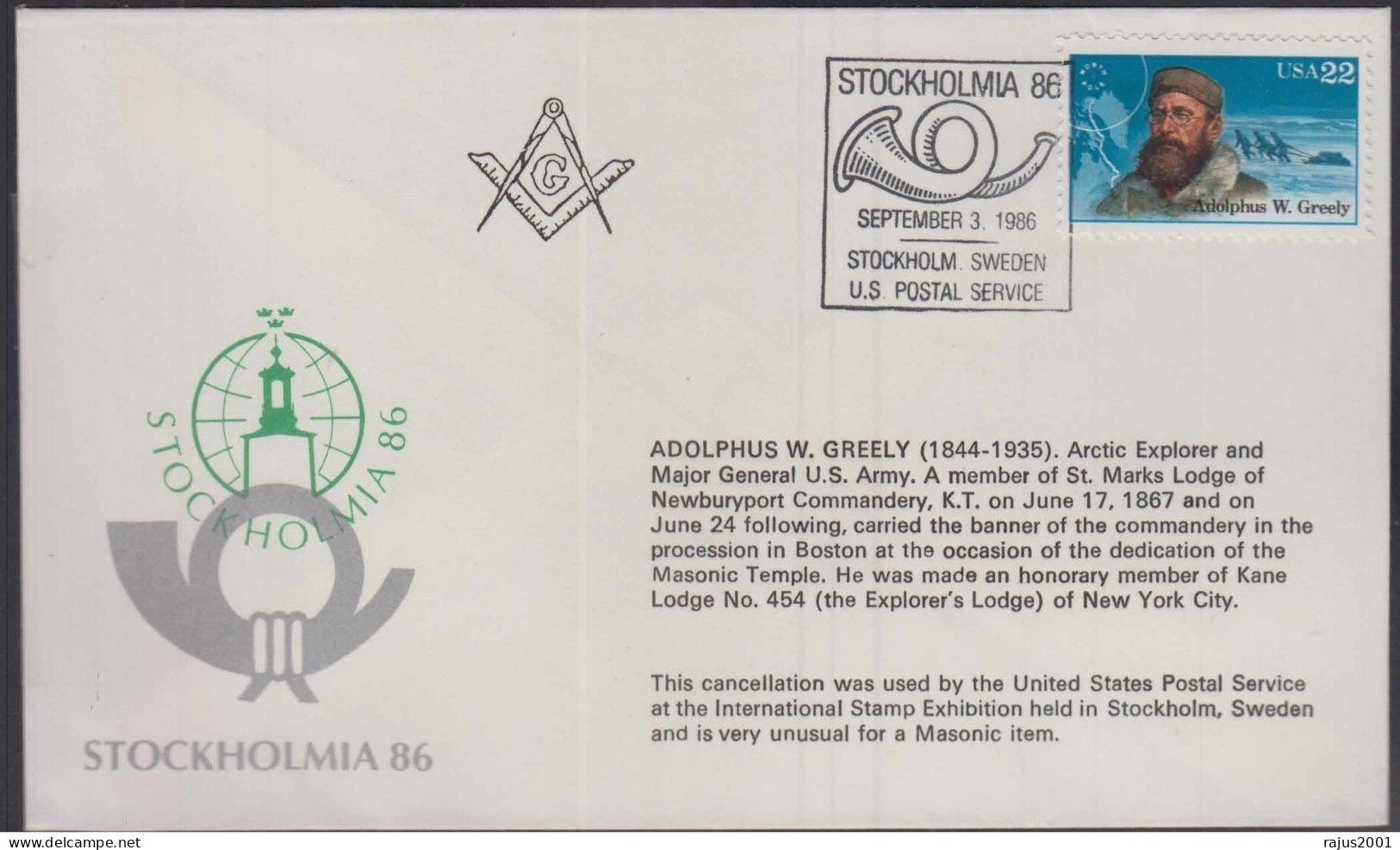 Adolphus W Greely Arctic Explorer, Physician, Freemasonry, Very Unusual For A Masonic Item, Sweden USA Joint Cover - Freemasonry