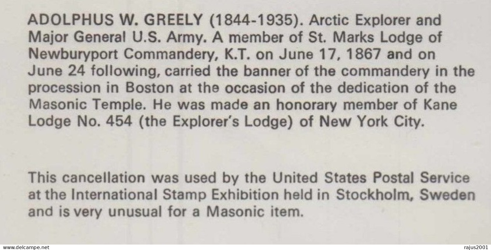 Adolphus W Greely Arctic Explorer, Physician, Freemasonry, Very Unusual For A Masonic Item, Sweden USA Joint Cover - Freemasonry