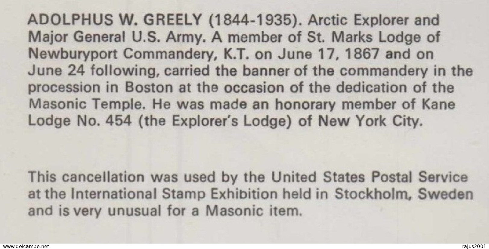 Adolphus W Greely Arctic Explorer, Physician, Freemasonry, Very Unusual For A Masonic Item, Sweden USA Joint Cover - Vrijmetselarij