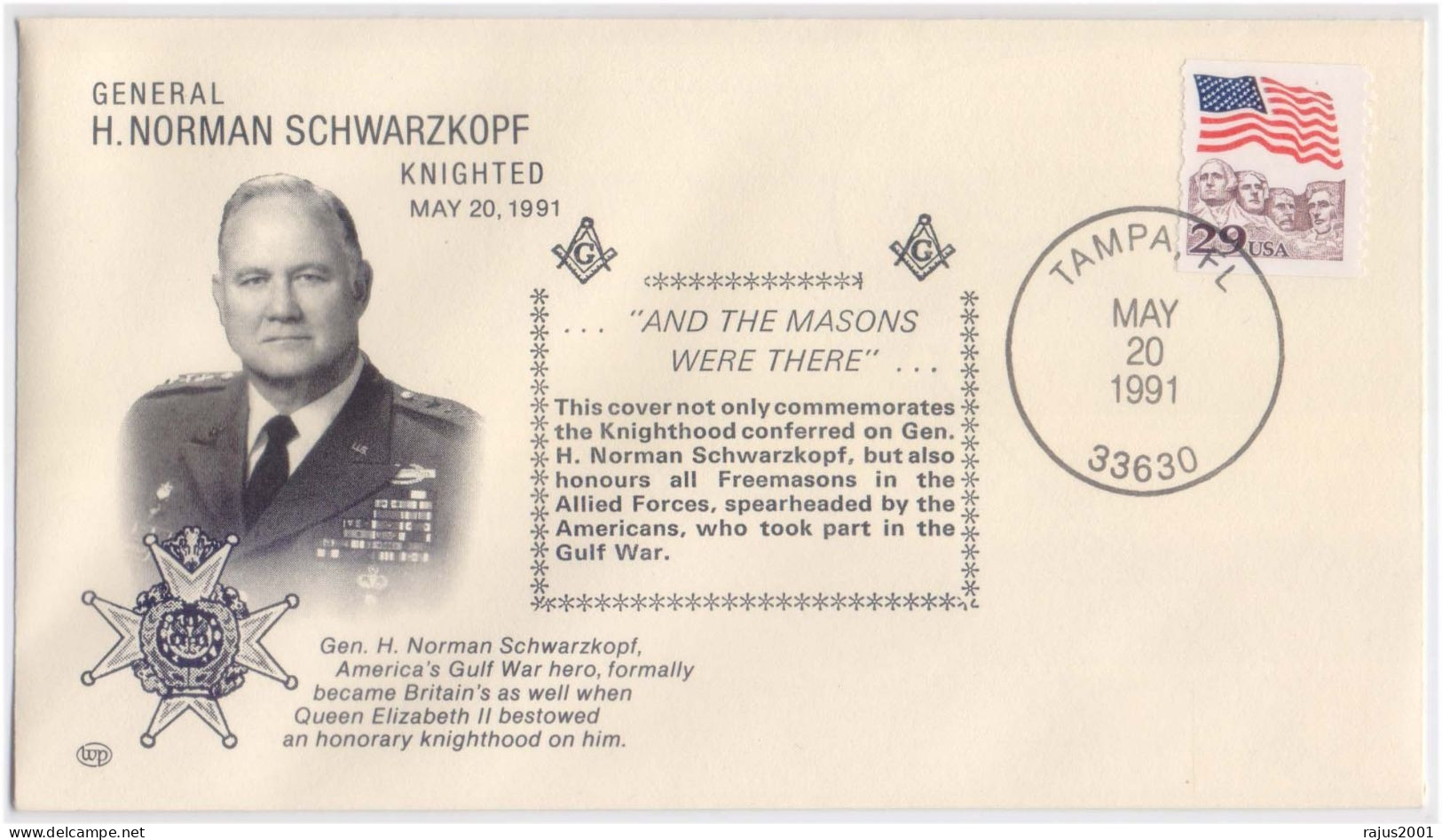 General H Norman Schwarzkopf Knighted, Gulf War Hero Honours All Freemasons In The Allied Forces Freemasonry Masonic FDC - Franc-Maçonnerie