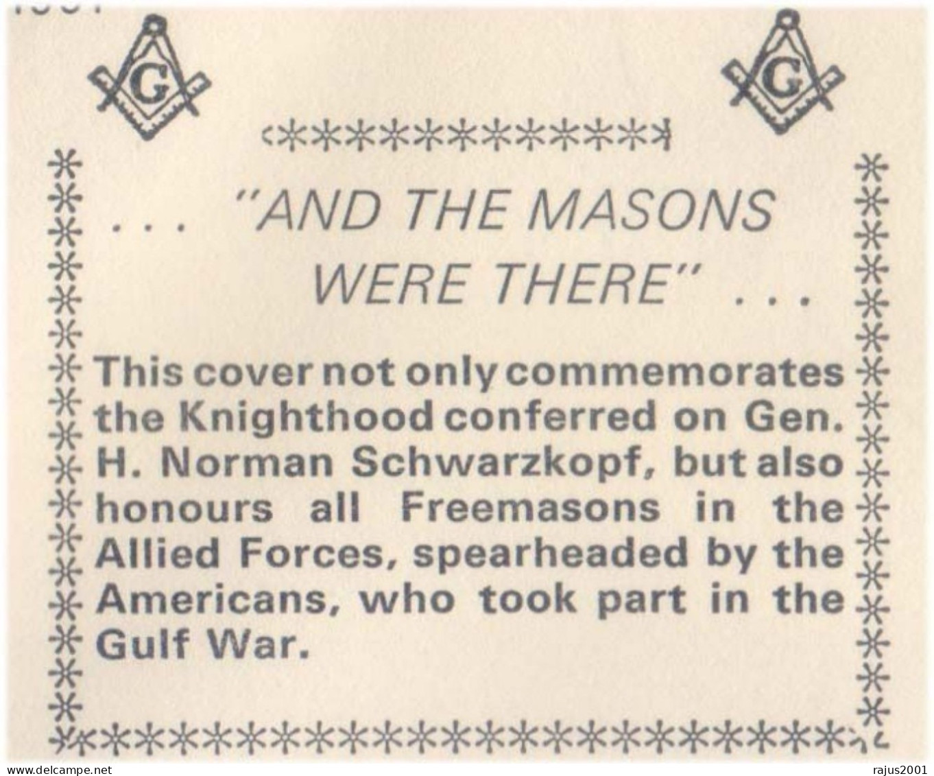 General H Norman Schwarzkopf Knighted, Gulf War Hero Honours All Freemasons In The Allied Forces Freemasonry Masonic FDC - Franc-Maçonnerie