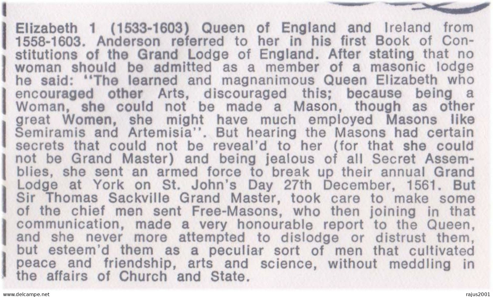 Elizabeth I Grand Lodge Of England, Armada Ship, Freemasonry, Arlington Masonic, Britain FDC 1981 - Francmasonería