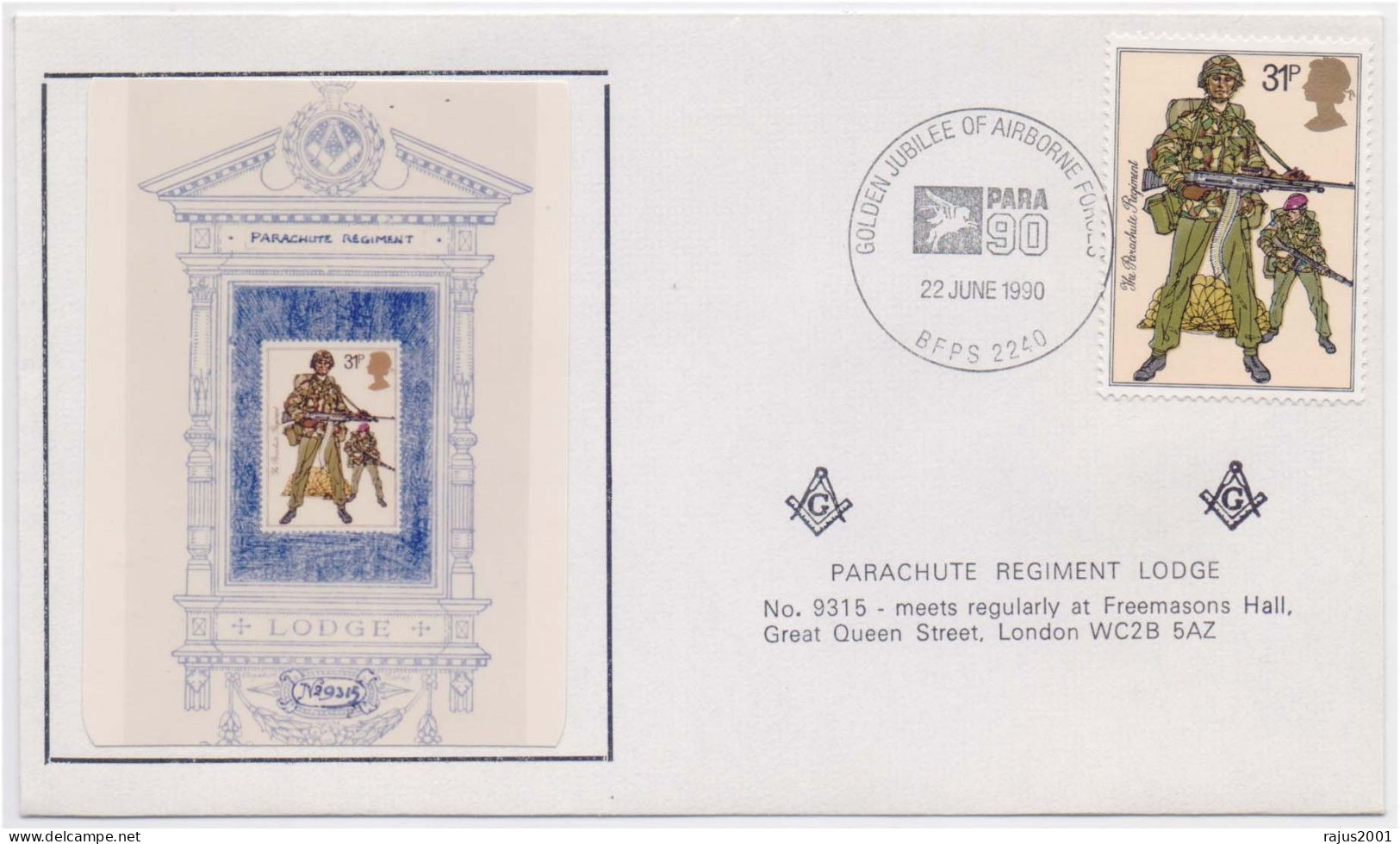 Parachute Regiment Lodge No 9315 Army Military With Gun, Freemasonry Mason, Masonic Cover Great Britain - Franc-Maçonnerie