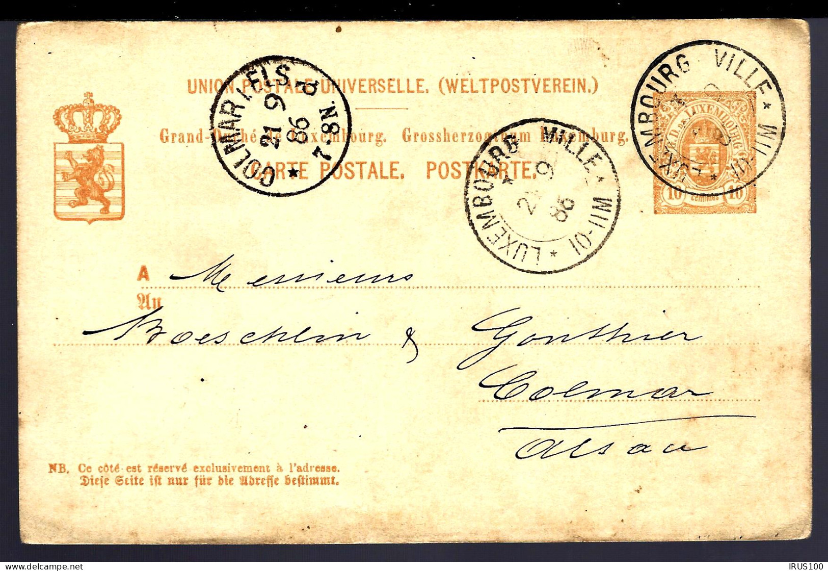 ENTIER POSTAL DE LUXEMBOURG VILLE - 1886 - POUR COLMAR - Postwaardestukken
