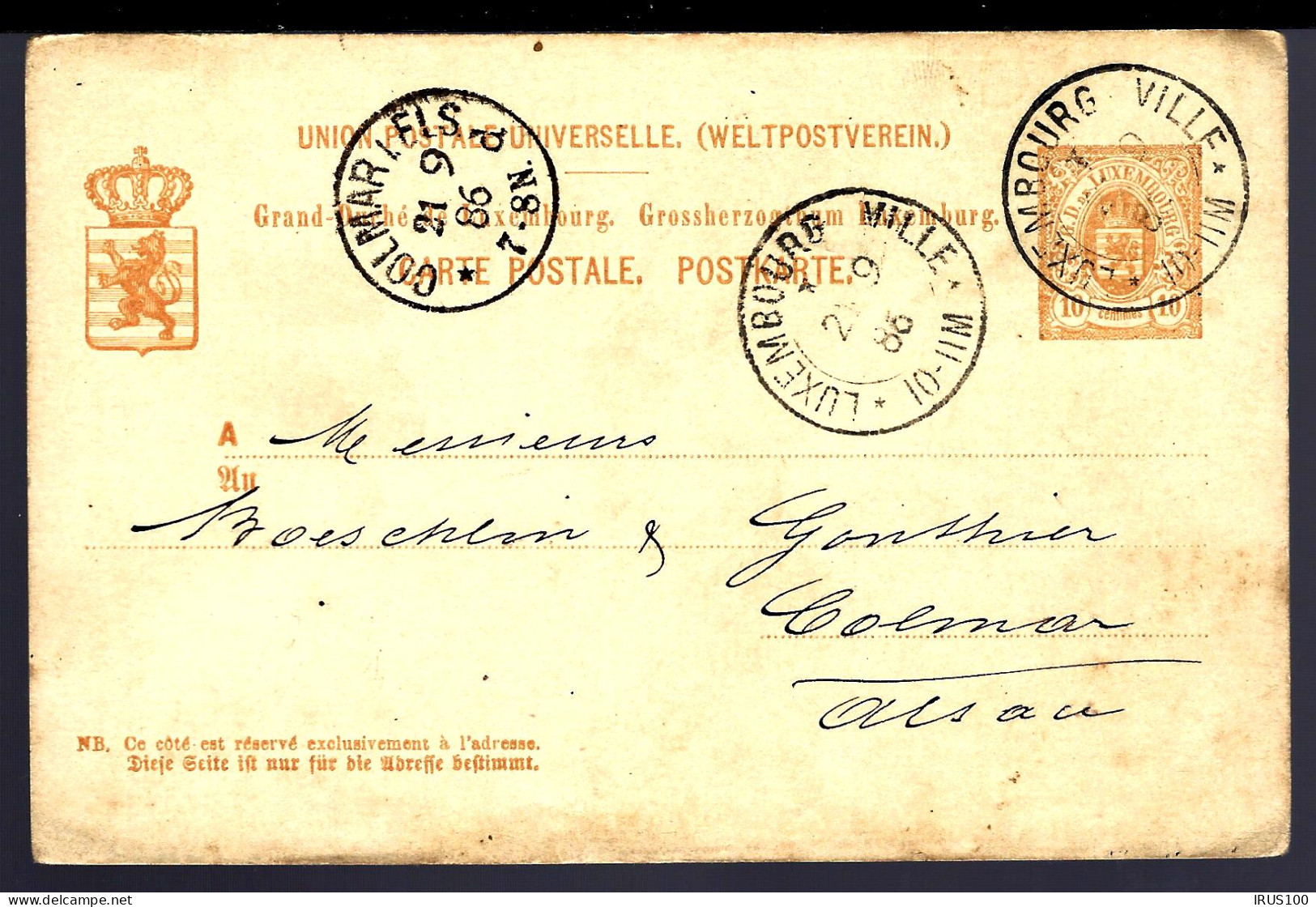 ENTIER POSTAL DE LUXEMBOURG VILLE - 1886 - POUR COLMAR - Stamped Stationery