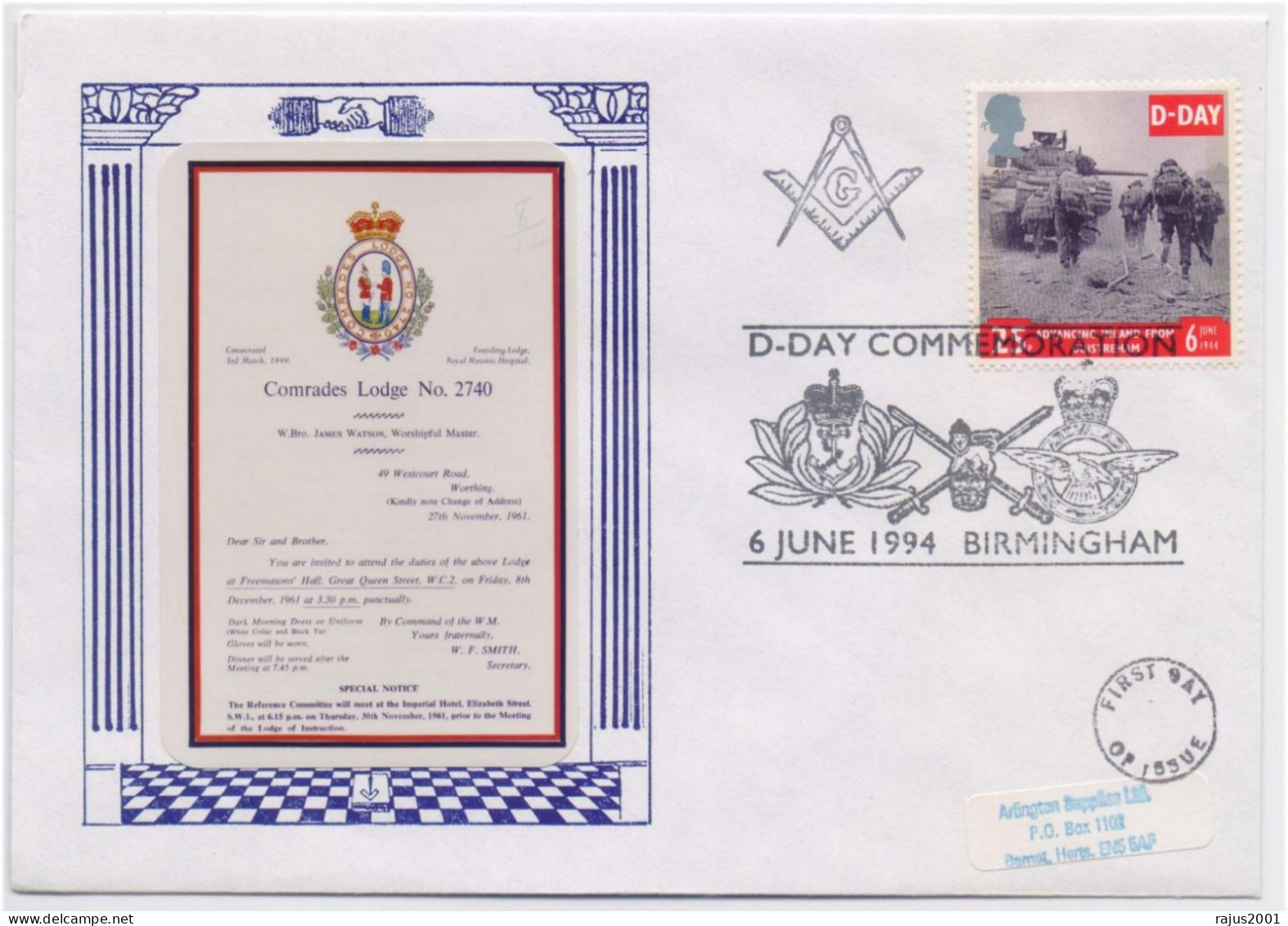 Comrades Lodge No. 2740, Sword, Lion, D Day, Hand Shake, Freemasonry, Masonic Limited Edition Only 75 Cover Issued - Franc-Maçonnerie