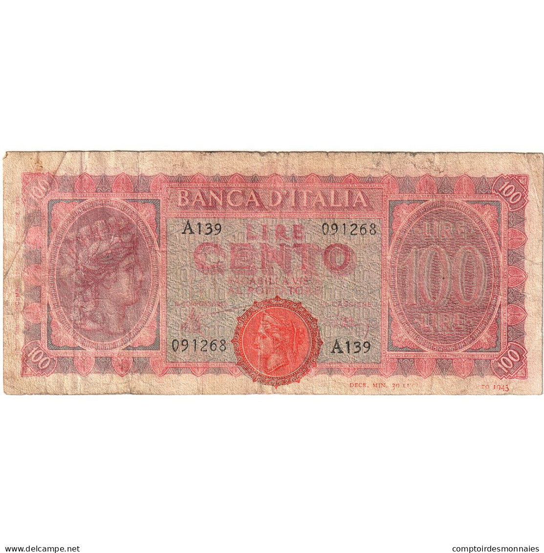 Italie, 100 Lire, 1943, 1943-10-07, KM:75a, TB - 100 Lire