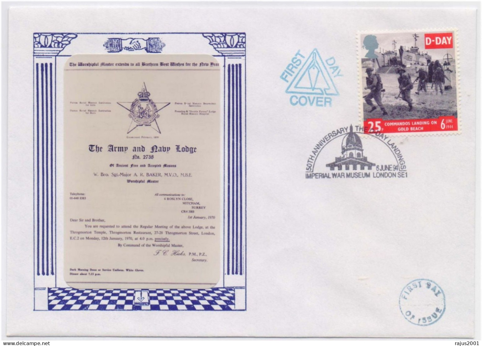 Army And Navy Lodge No. 2738, Trovel, D Day, Hand Shake, Freemasonry, Masonic Limited Edition Only 75 Cover Issued - Franc-Maçonnerie