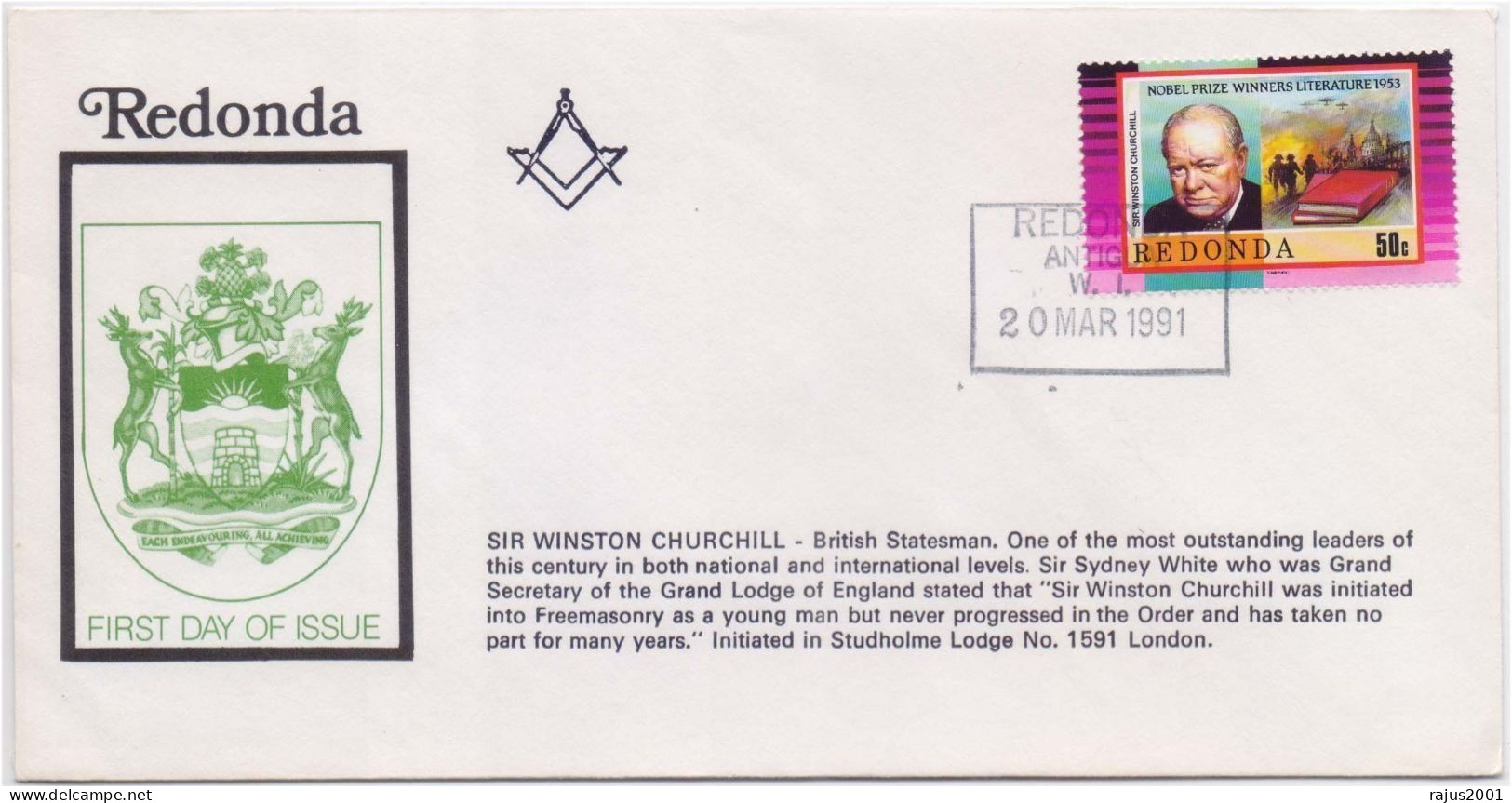 Winston Churchill Secretary Of The Grand Lodge, Studholme Lodge No. 1591, Freemasonry, Masonic, Mason, Redonda FDC - Vrijmetselarij