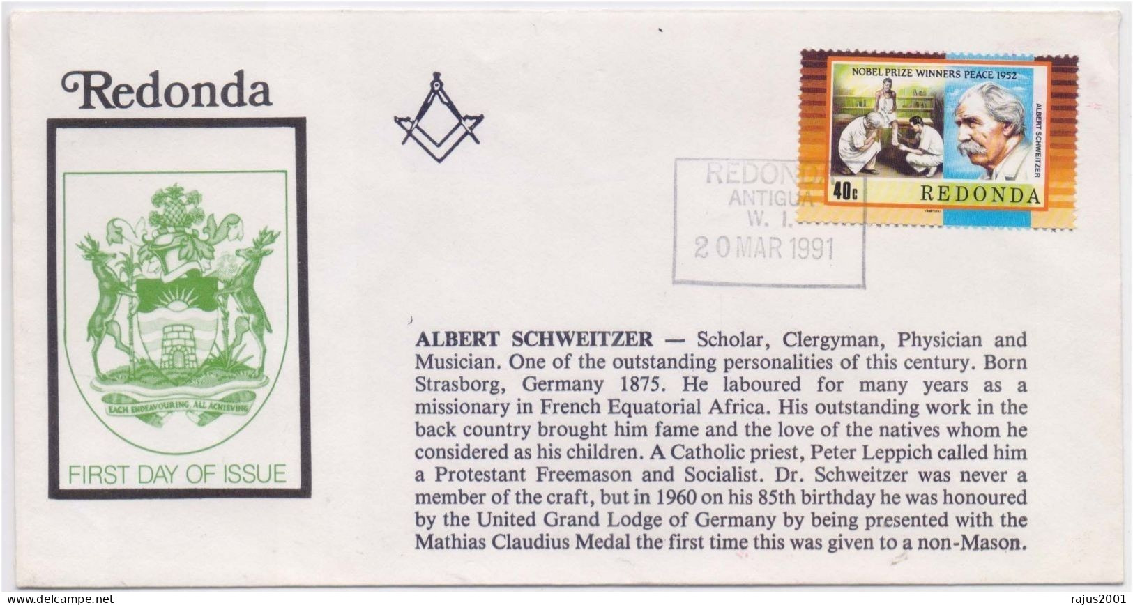 Albert Schweitzer Physician, Grand Lodge Of Germany, Freemasonry, Masonic, Mason, Medical, Medicine, Redonda FDC - Freemasonry