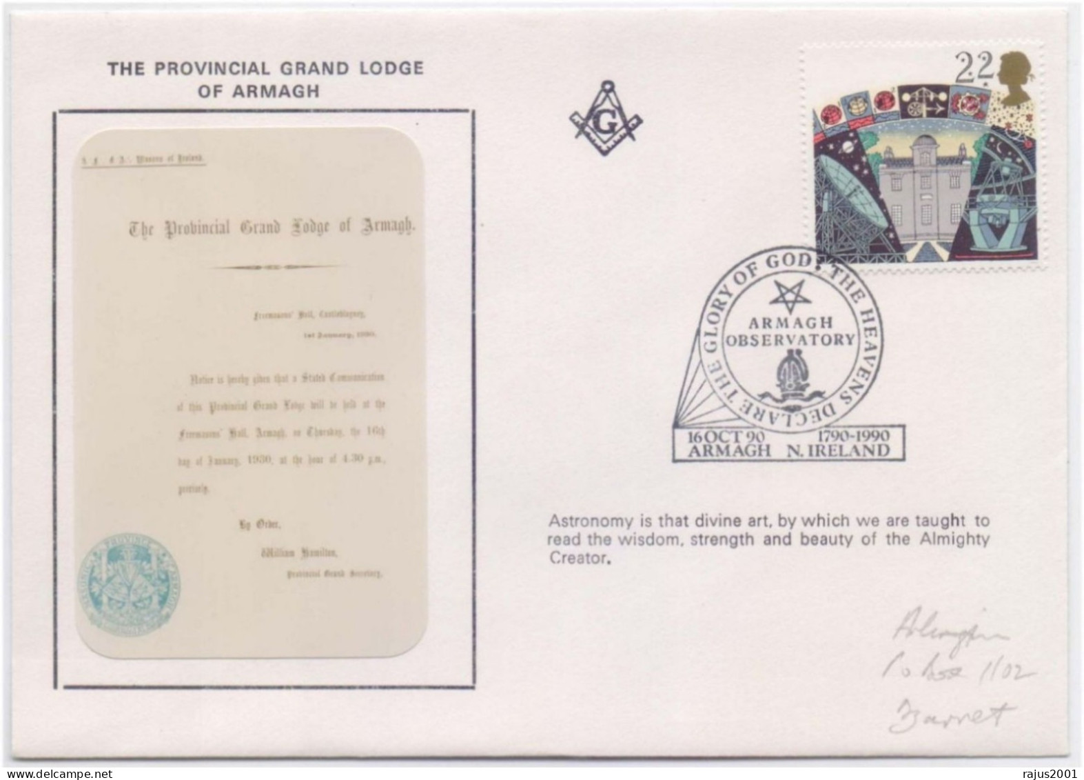 Provincial Grand Lodge Of ARMAGH, Observatory, Astronomy, David Star, Glory Of God, Freemasonry Masonic FDC - Franc-Maçonnerie