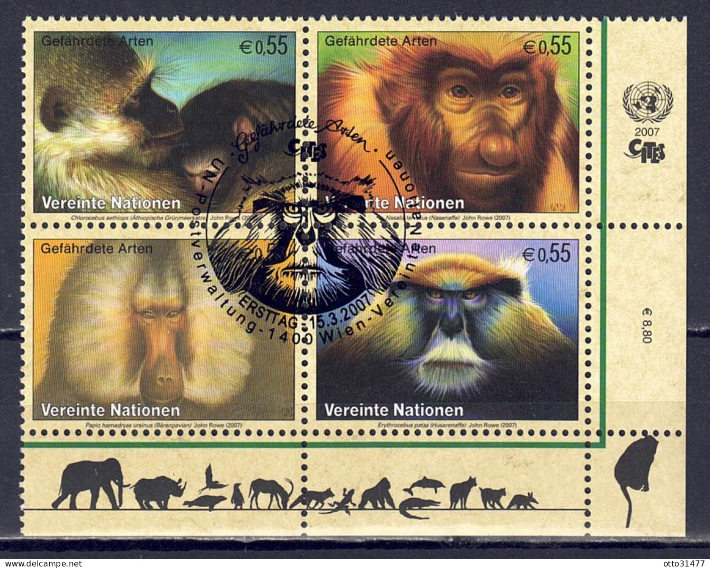 UNO Wien 2007 - Gefährdete Arten (XV) - Primaten, Nr. 485 - 488 Zd., Gestempelt / Used - Usados