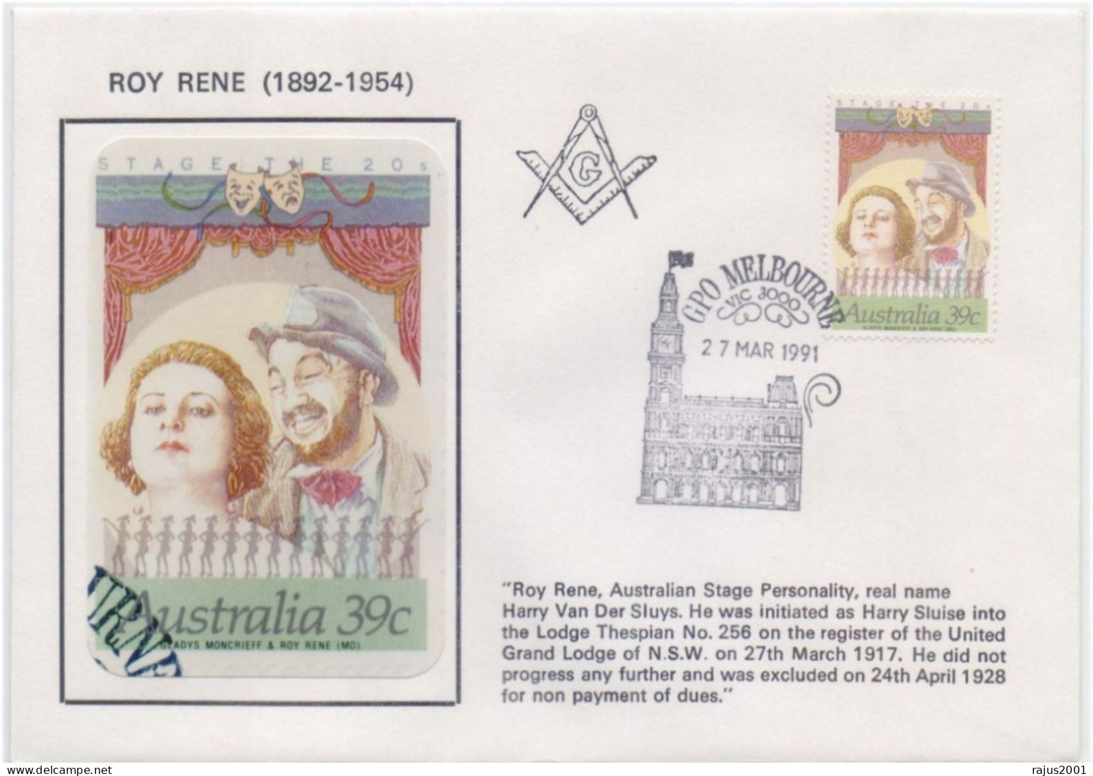 Roy Rene Australian Stage Personality, Thespian Lodge No. 256, Grand Lodge Of N.S.W. Couple, Freemasonry, Masonic Cover - Franc-Maçonnerie