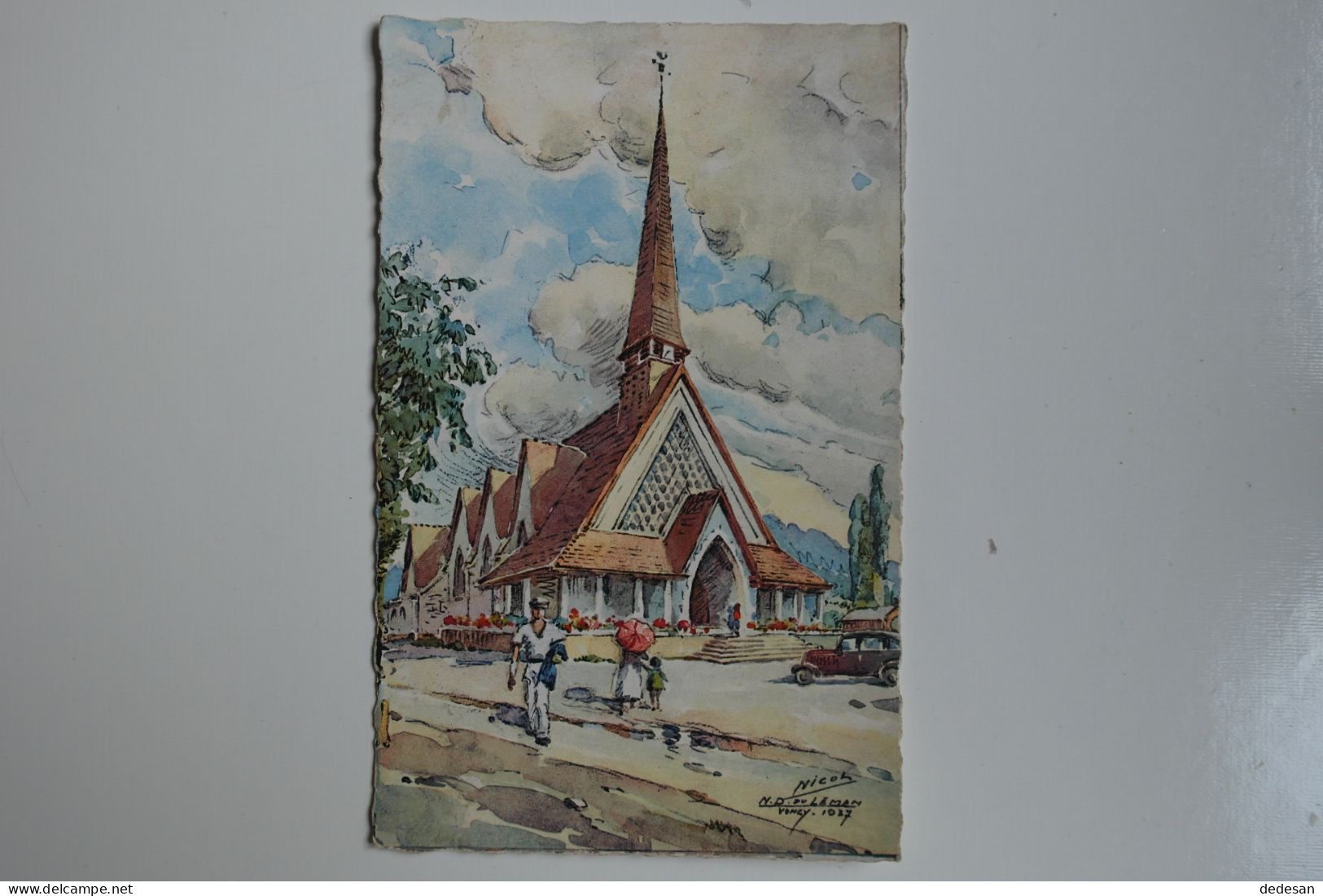 Cpsm Dessin Couleur Eglise De Notre Dame Du Leman VONGY - Aquarelle J Nicoll 1927 - NOV66 - Cadillac