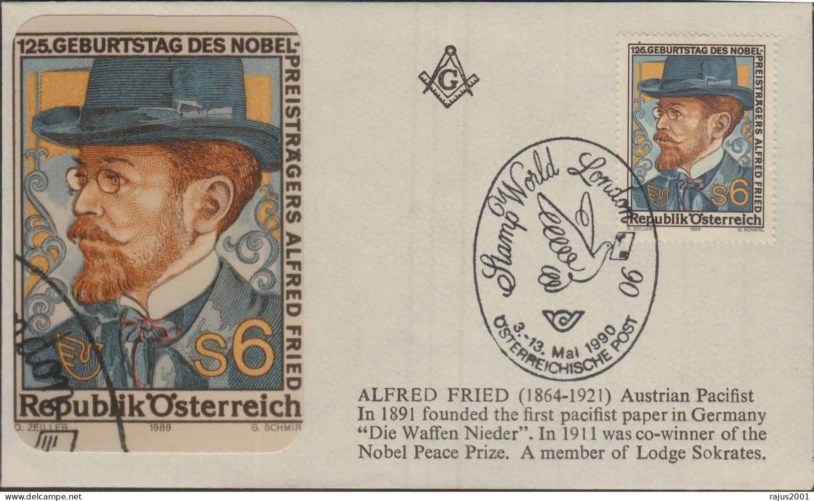 Alfred Fried Austrian Pacifist, Nobel Peace Prize Lodge Sokrates, Bird, Freemasonry Lodge, Masonic Cover - Massoneria