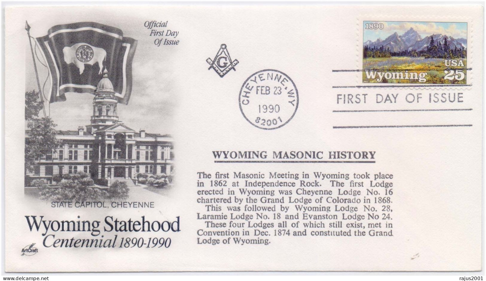 Wyoming Masonic History, Grand Lodge Of Wyoming, Lodge No. 28, Freemasonry Masonic FDC - Franc-Maçonnerie