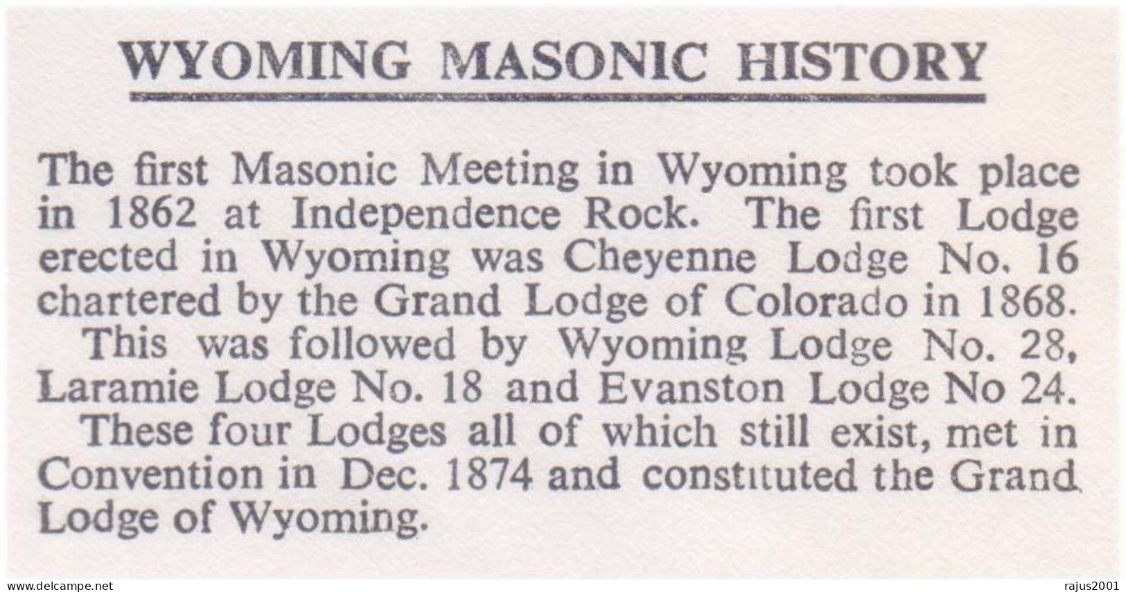 Wyoming Masonic History, Grand Lodge Of Wyoming, Lodge No. 28, Freemasonry Masonic FDC - Vrijmetselarij