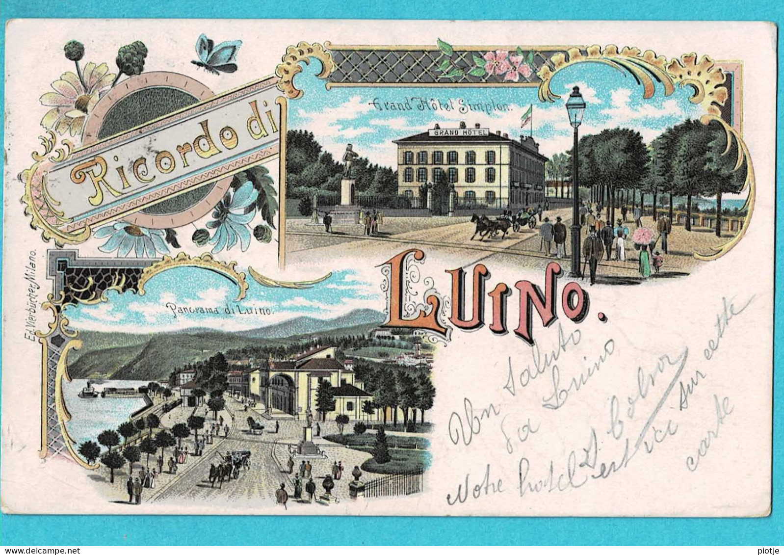 * Luino (Lombardia - Italia) * (Ed Vierbucher Milano) Ricordo Di Luino, Grand Hotel Simplon, Panorama, Couleur, TOP - Luino
