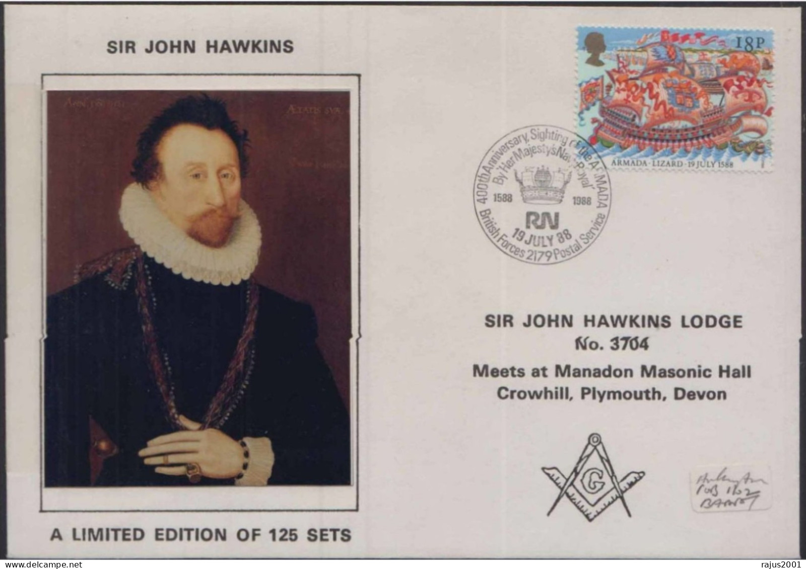 Sir John Hawkins Lodge No. 3704 English Slave Trader, Naval Commander Navigator, Freemasonry, Very Limited Masonic Cover - Massoneria