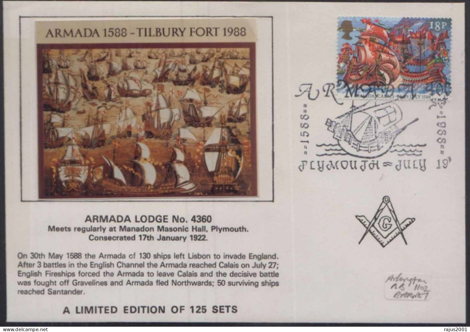 Armada Lodge No. 4360 Ship Transport, Tilbury Fort, Freemasonry, Very Limited Edition Of 125 Sets Masonic Cover - Freimaurerei