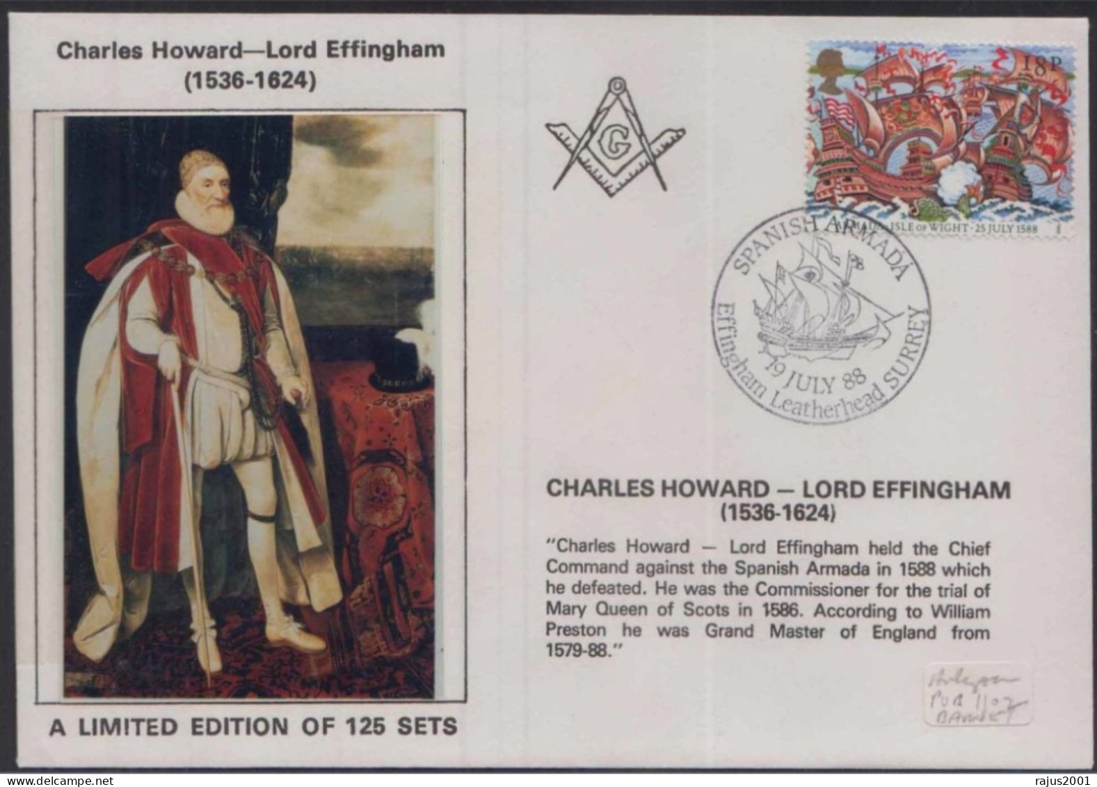 Charles Howard Lord Effingham, Chief Of Spanish Armada Grand Master Of England  Freemasonry Very Limited Masonic Cover - Freemasonry