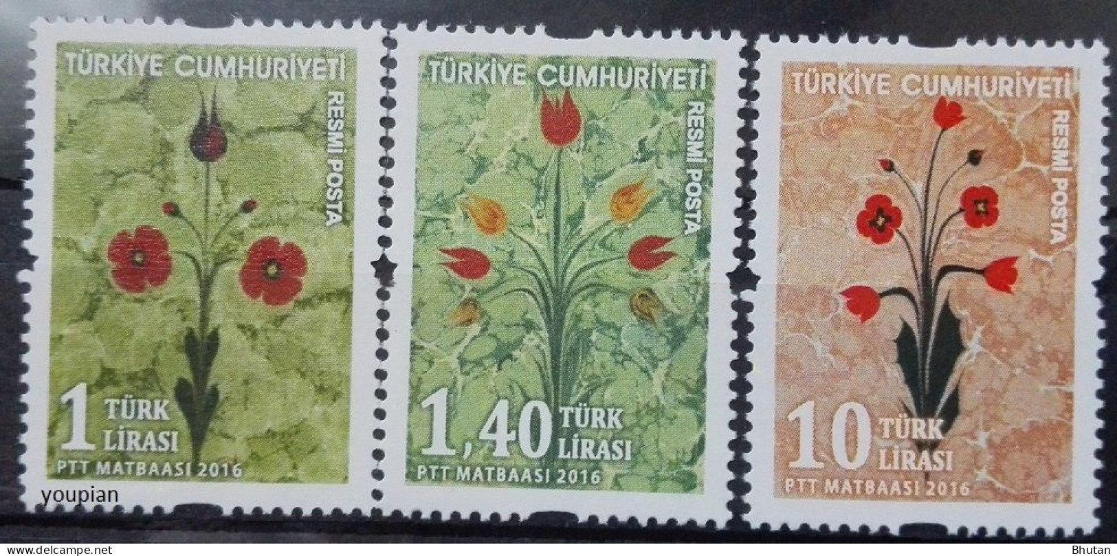 Türkiye 2016, Marbled Flowers, MNH Stamps Set - Neufs