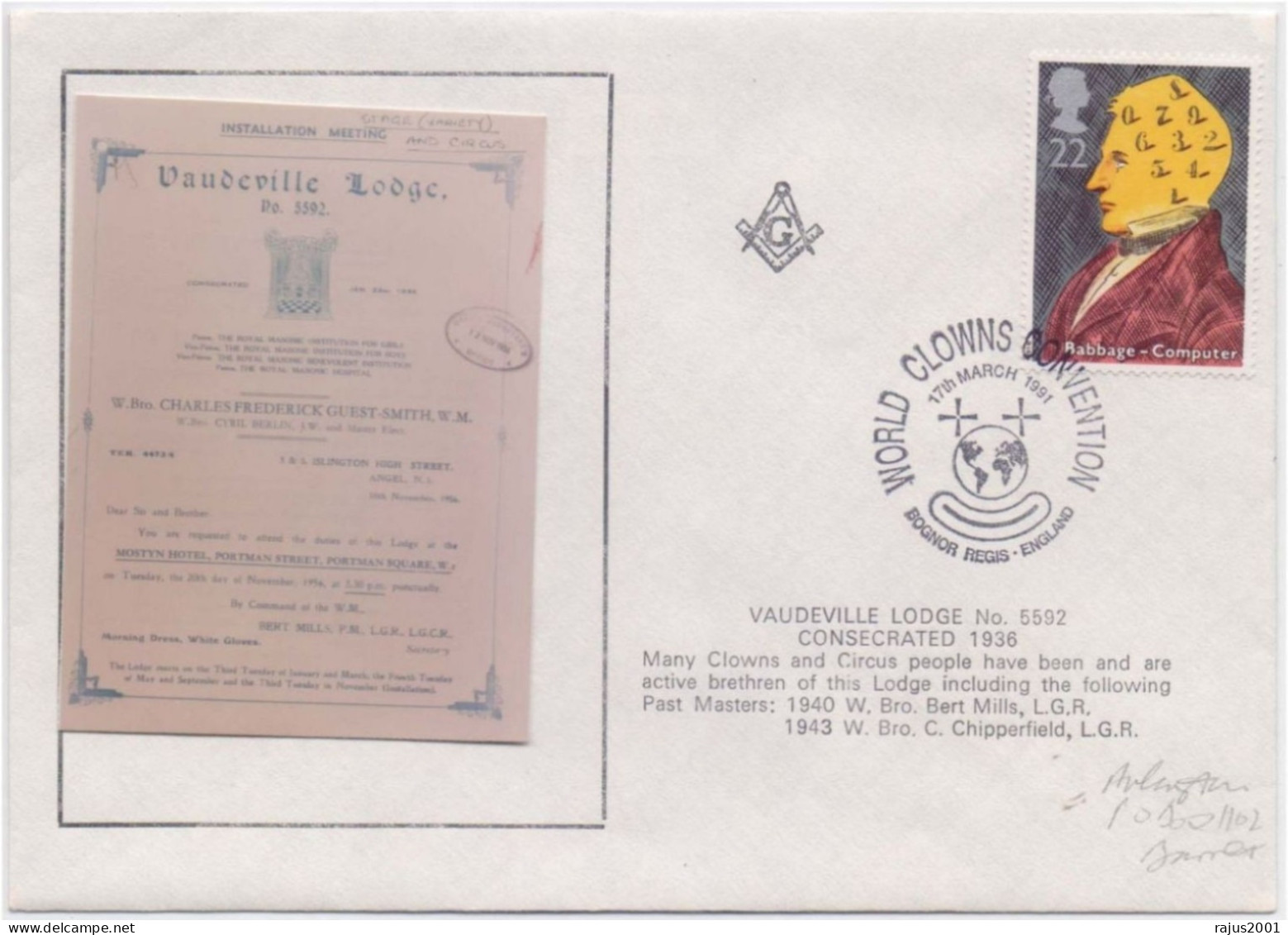 World Clowns Convention, Vaudeville Lodge No. 5592, Rabbage Computer, Freemasonry Masonic, Britain FDC 1991 - Vrijmetselarij