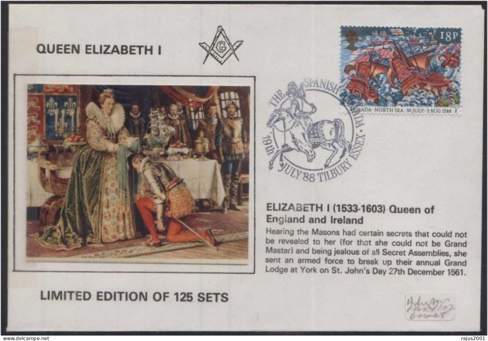 Queen Elizabeth I Sent Armed Forces To Break Masonic Meeting At Grand Lodge At York Freemasonry Limited Edition Cover - Vrijmetselarij