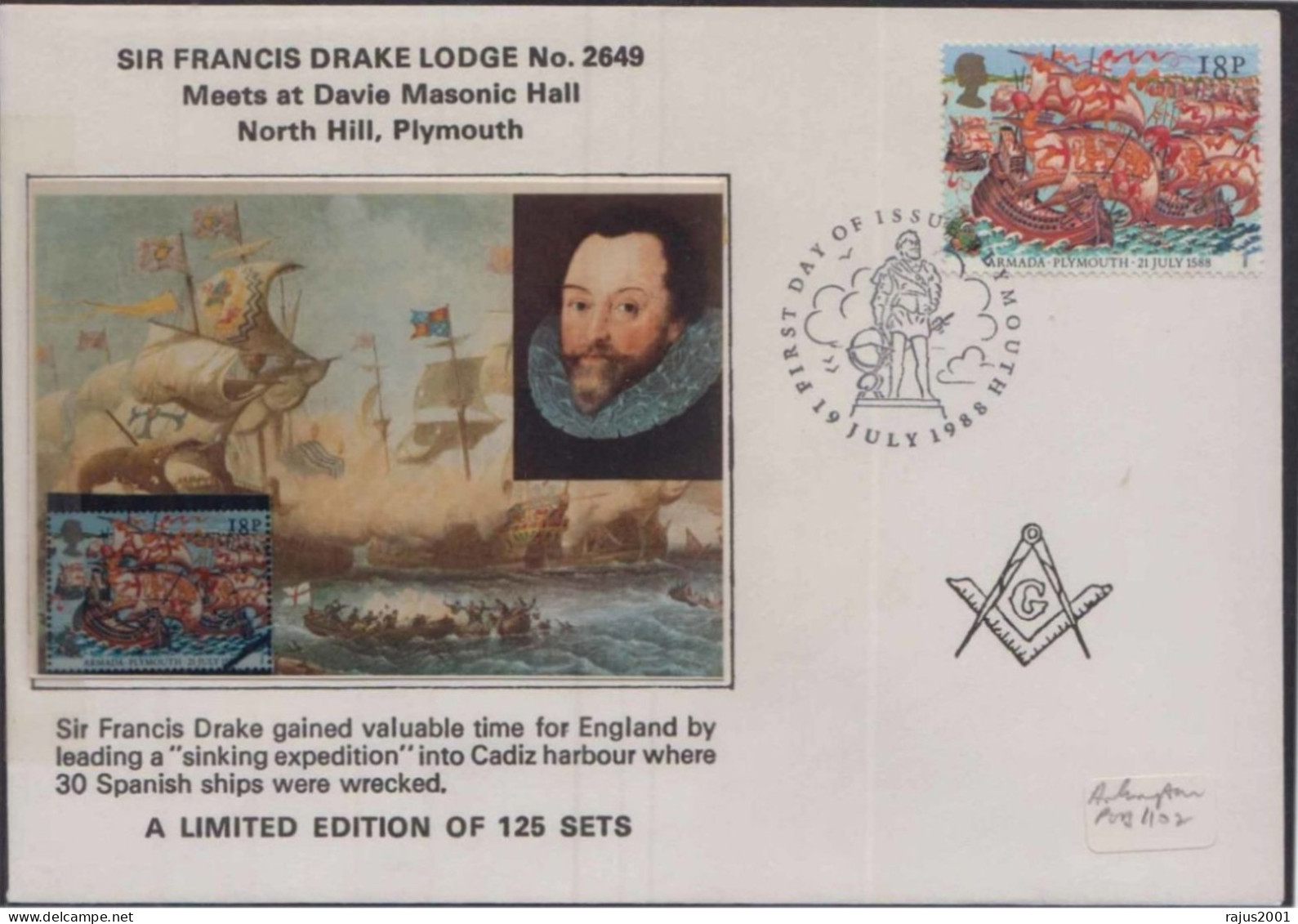 Sir Francis Drake Lodge 2649 Explorer Ship  Freemasonry Limited Edition Of 125 Sets Only Masonic Cover Great Britain - Franc-Maçonnerie