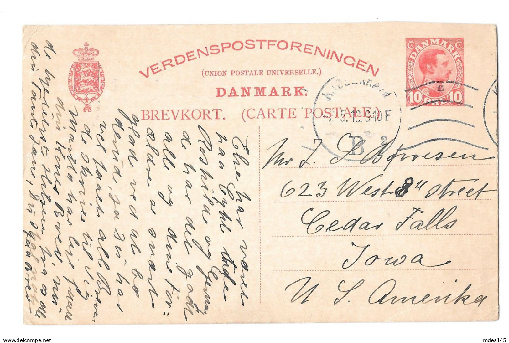 Denmark 10 Ore Verdenspostforeningen UPU Postal Stationery Card To Iowa USA - Briefe U. Dokumente