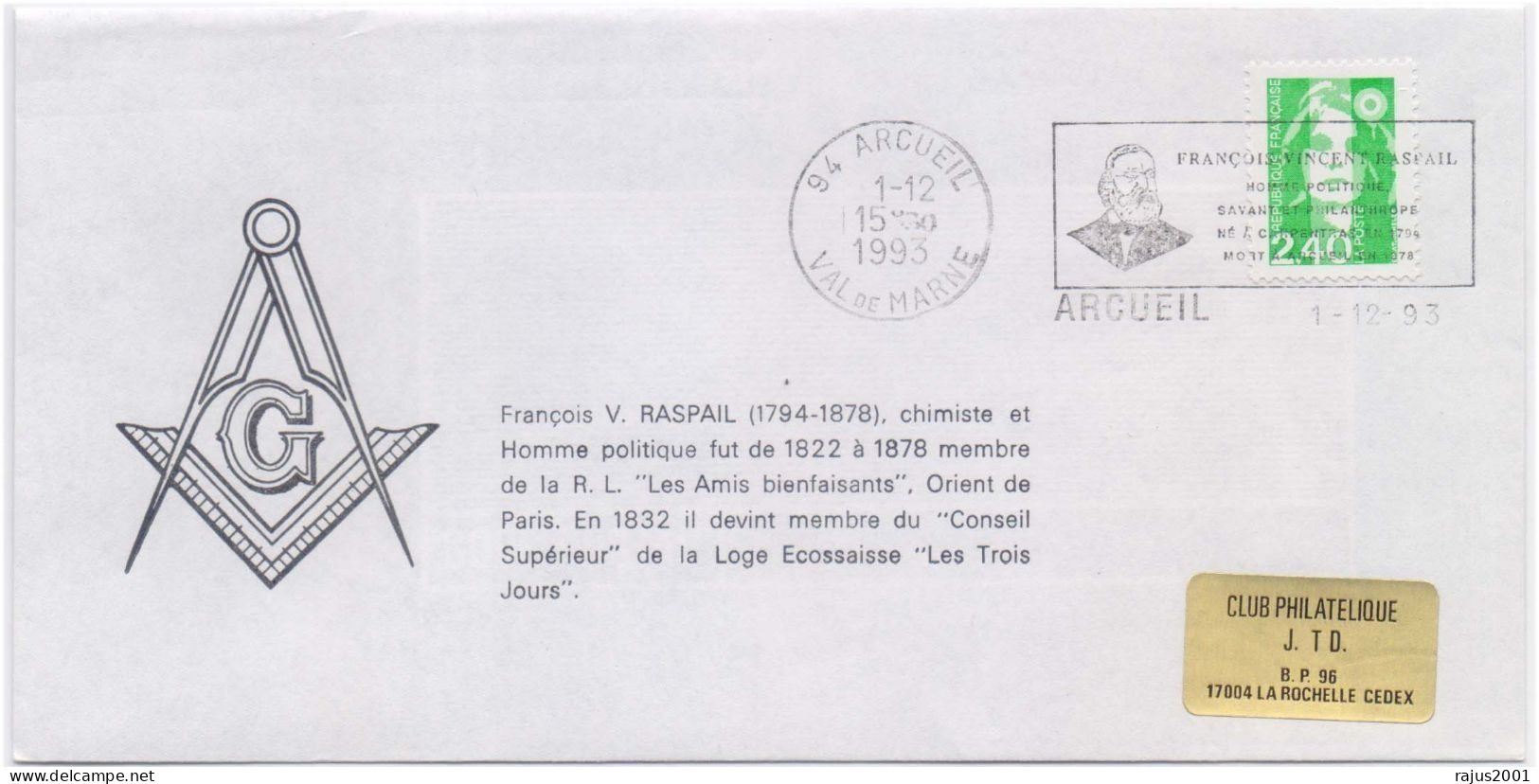 Francois V. Raspail, Chemist, Member Of The Scottish Lodge, Pictorial Cancellation Freemasonry, Masonic Cover - Vrijmetselarij