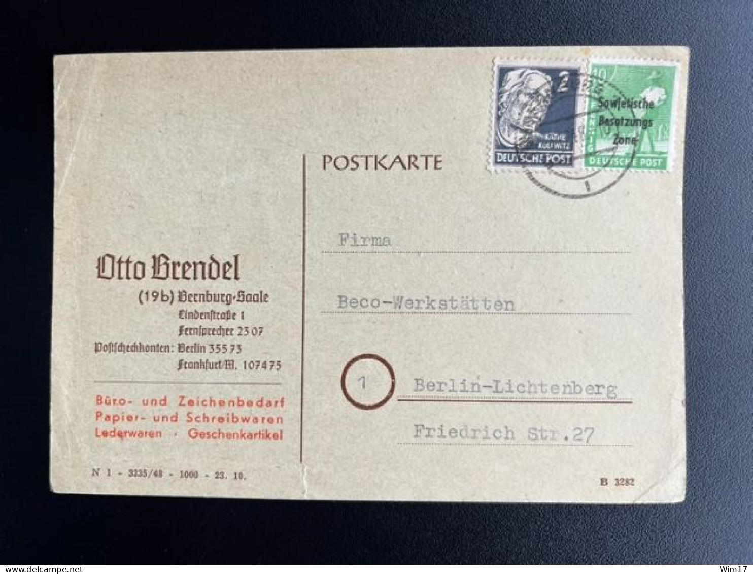 GERMANY 1948 POSTCARD BERNBURG TO BERLIN LICHTENBERG 03-12-1948 DUITSLAND DEUTSCHLAND - Interi Postali