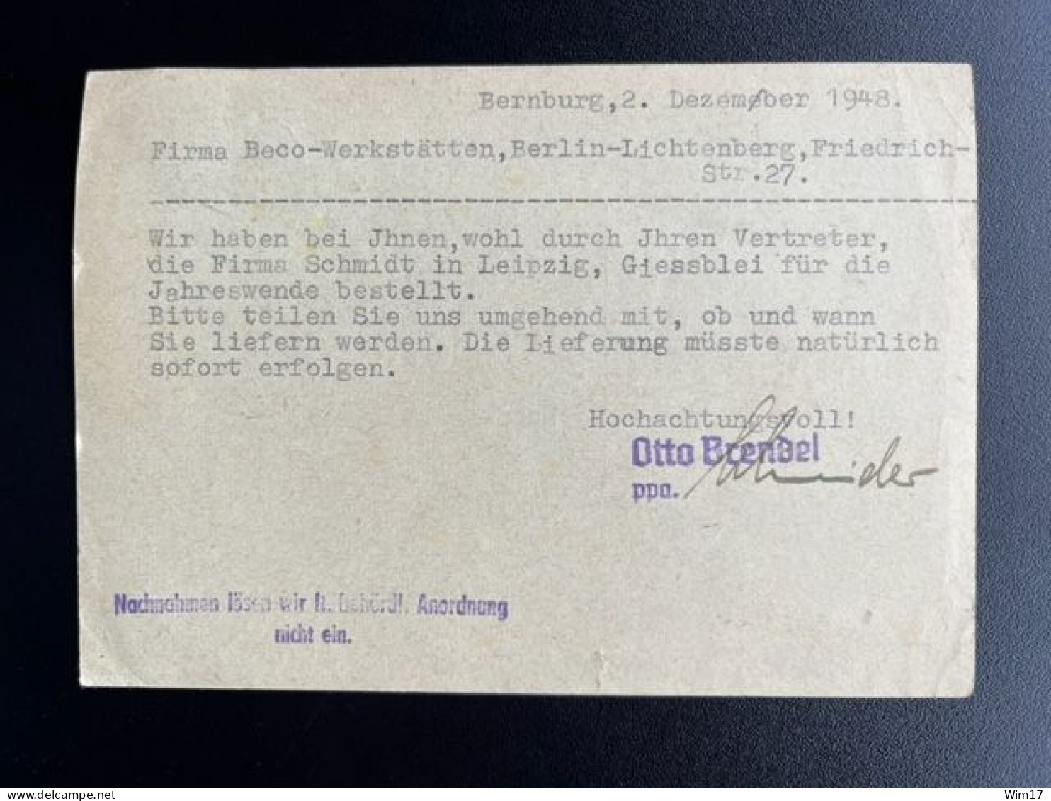 GERMANY 1948 POSTCARD BERNBURG TO BERLIN LICHTENBERG 03-12-1948 DUITSLAND DEUTSCHLAND - Entiers Postaux