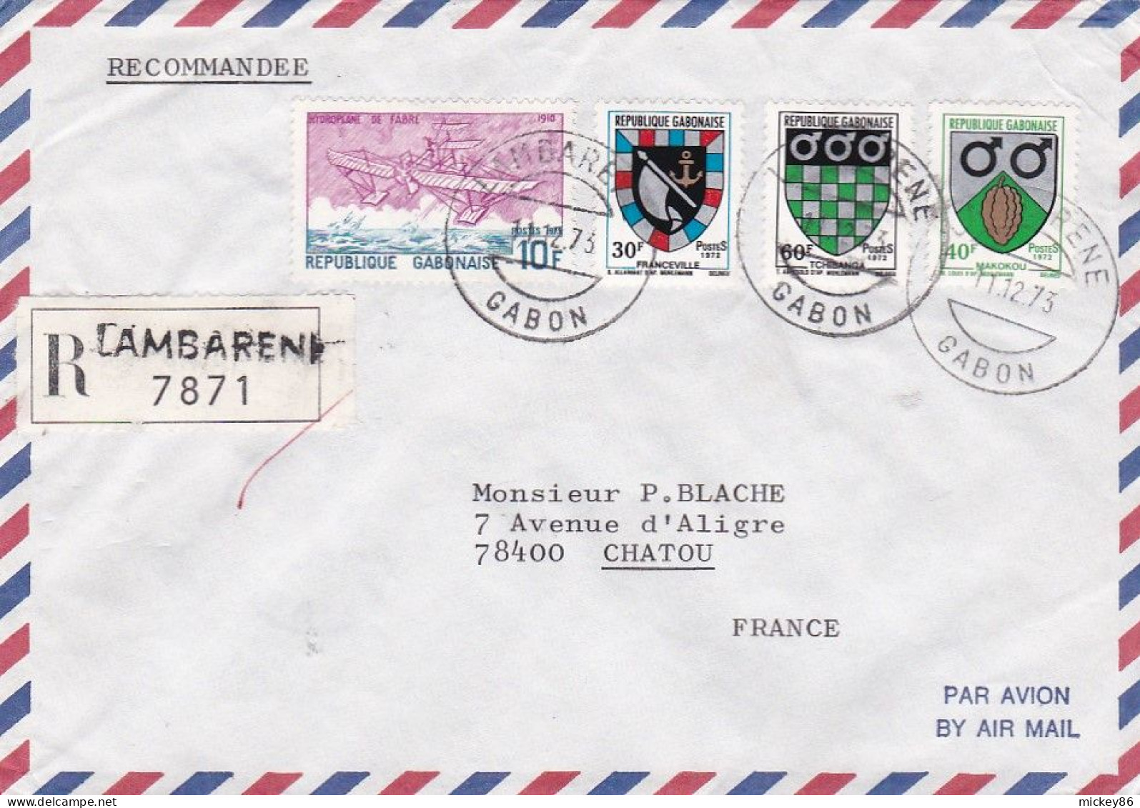 GABON---1973--Lettre Recommandée De LAMBARENE  Pour CHATOU -78 (France)--timbre ( Avion, Blasons)   Sur Lettre - Gabón (1960-...)