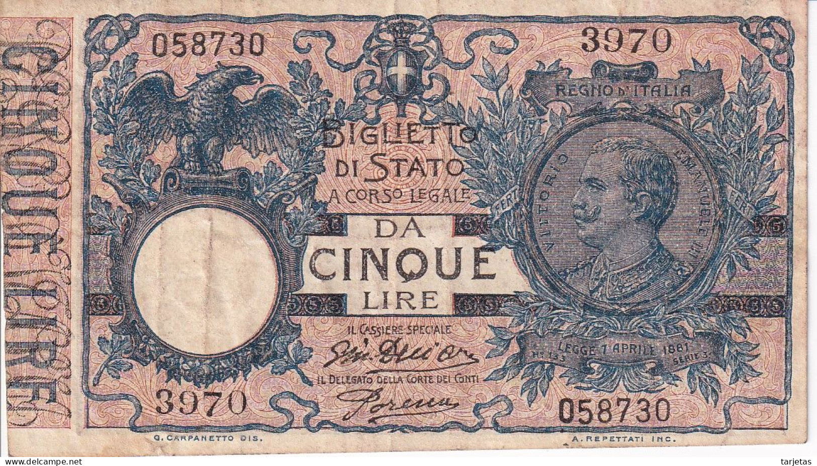 BILLETE DE ITALIA DE 5 LIRAS DEL AÑO 1904 -VITORIO EMANUELE III  (BANKNOTE) FIRMAS RARAS - Italië– 5 Lire